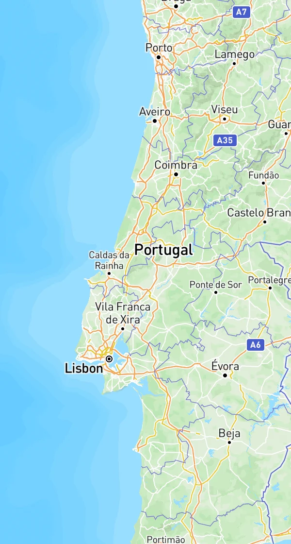 Map of Portugal with the sample route from Lisbon to Porto